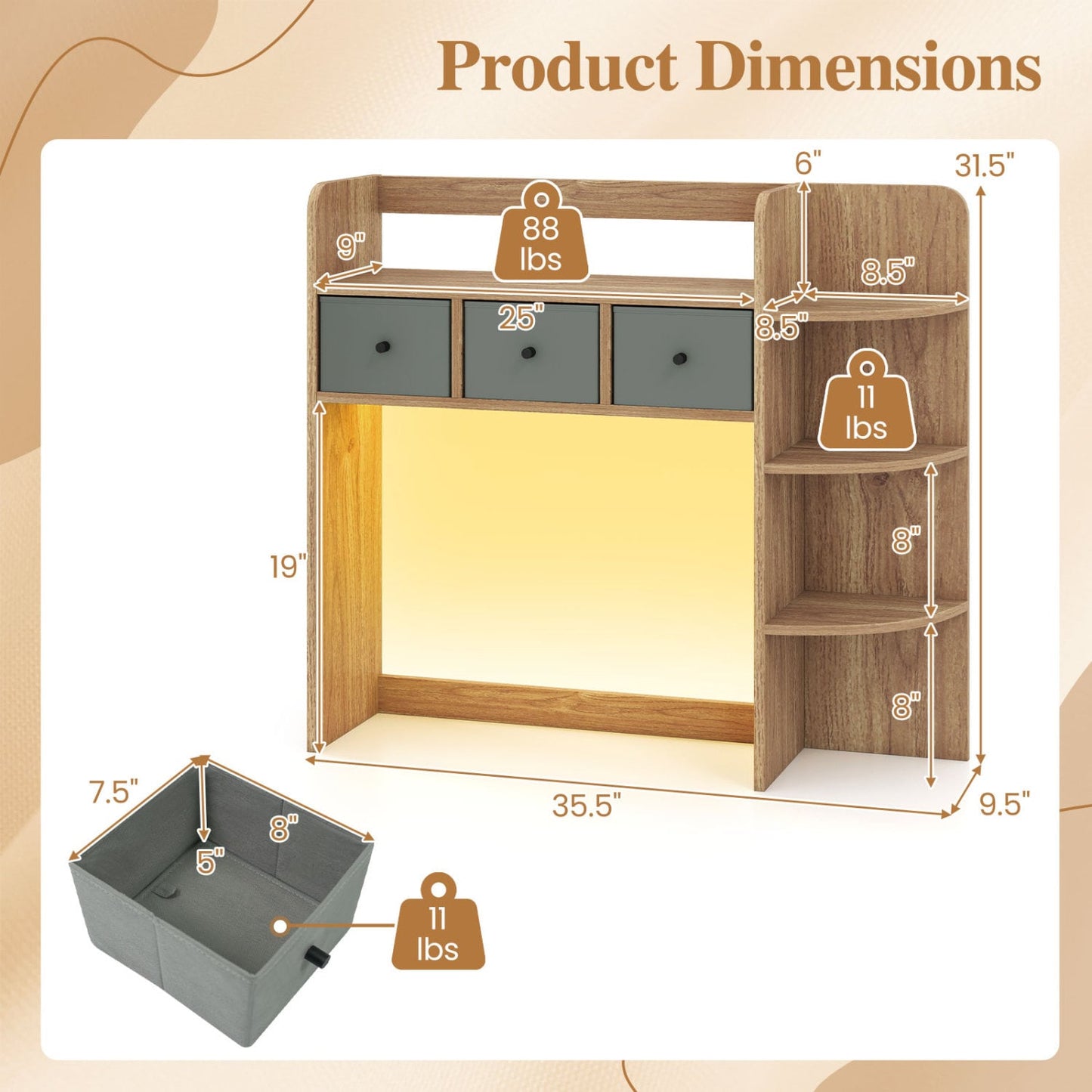 Desktop Bookshelf 5-Tier with LED Lights, 3 Drawers, Natural