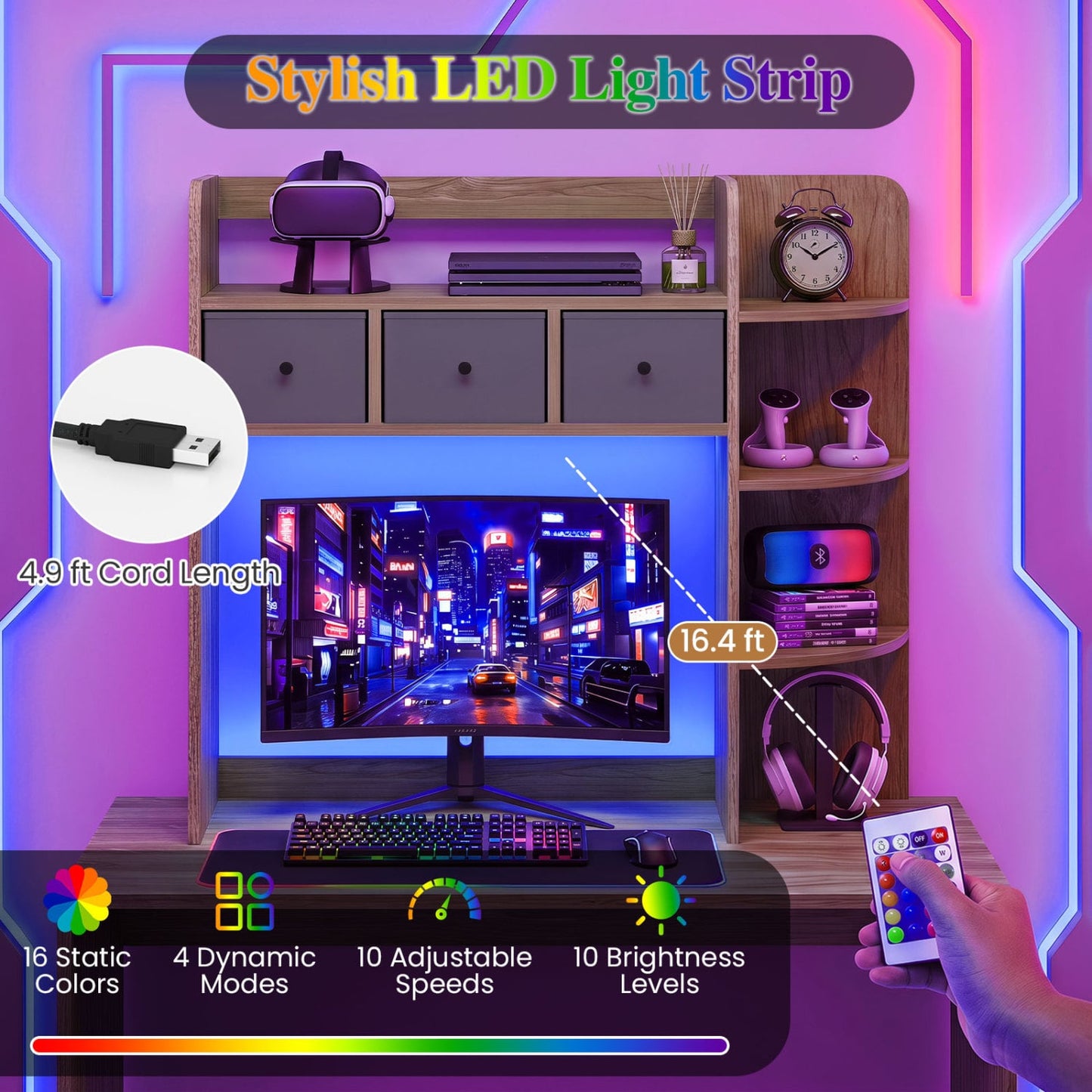 Desktop Bookshelf 5-Tier with LED Lights, 3 Drawers, Natural