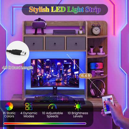 Desktop Bookshelf 5-Tier with LED Lights, 3 Drawers, Natural