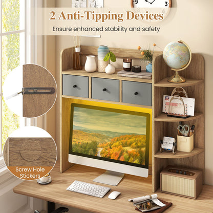 Desktop Bookshelf 5-Tier with LED Lights, 3 Drawers, Natural