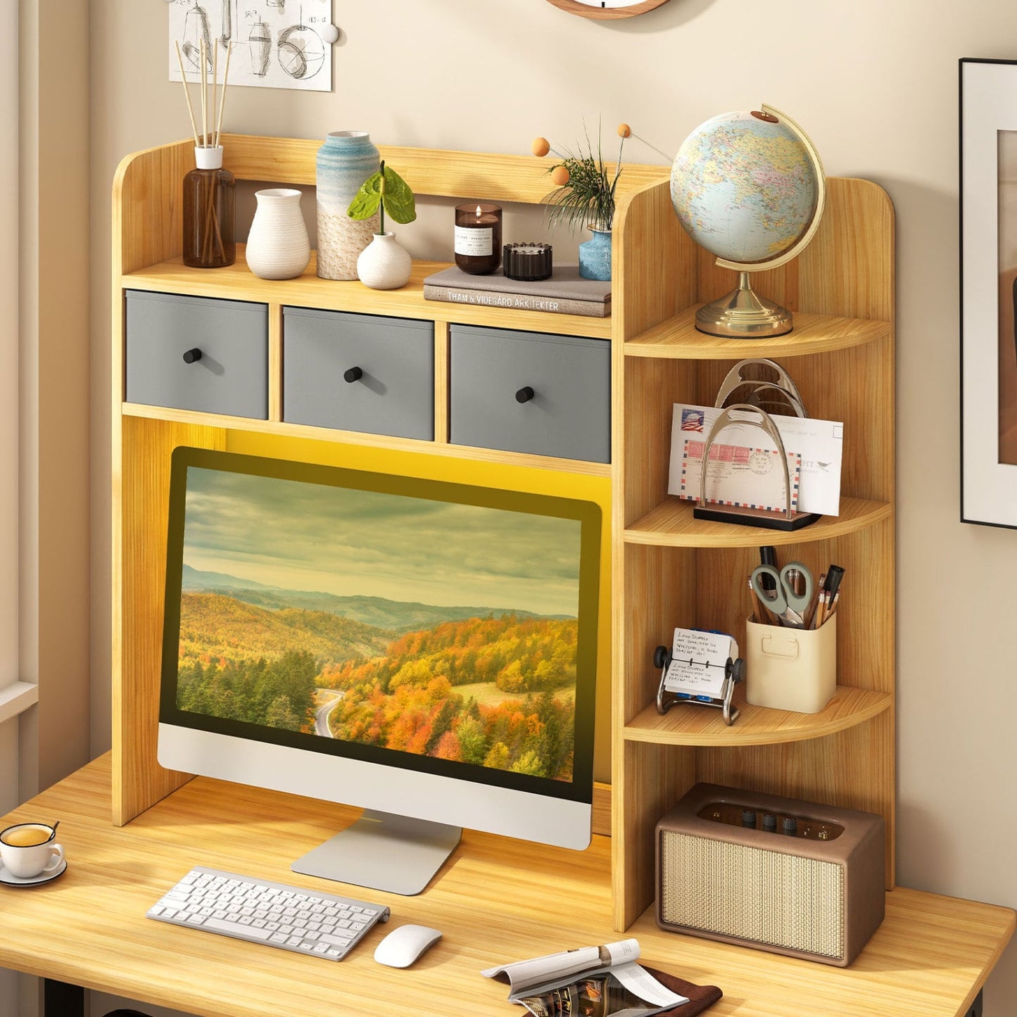 Bibliothèque de bureau à 5 étagères avec lumières LED 3 tiroirs, marron