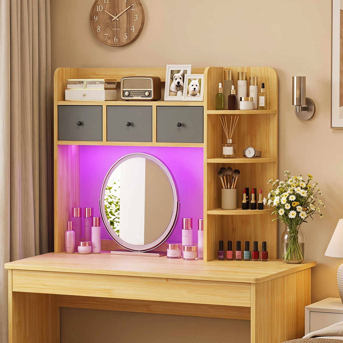 Bibliothèque de bureau à 5 étagères avec lumières LED 3 tiroirs, marron