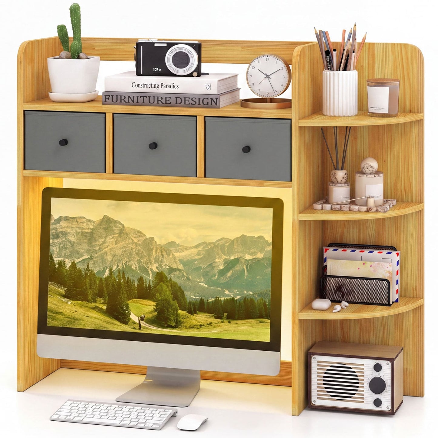 Bibliothèque de bureau à 5 étagères avec lumières LED 3 tiroirs, marron