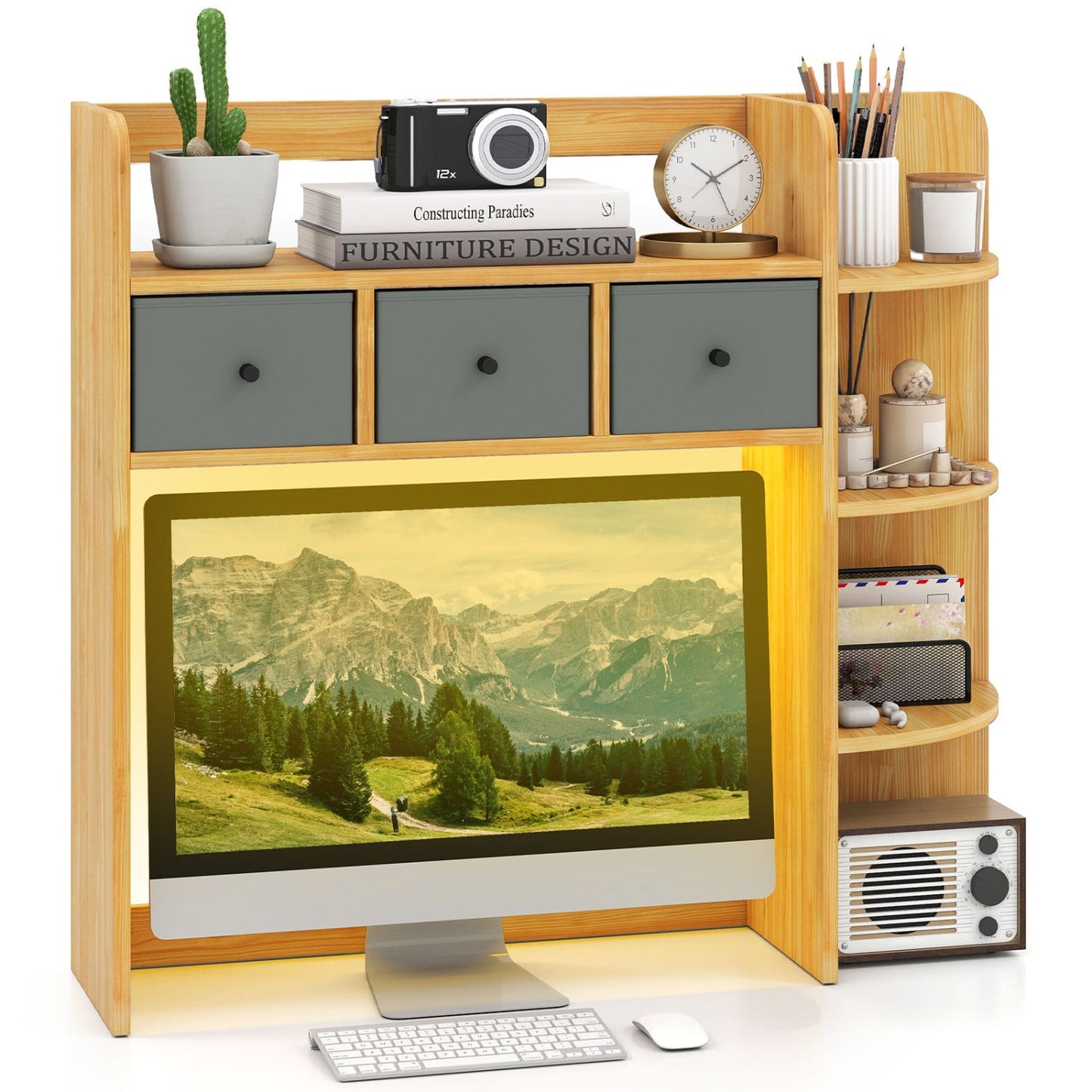 Bibliothèque de bureau à 5 étagères avec lumières LED 3 tiroirs, marron