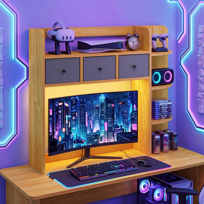 Bibliothèque de bureau à 5 étagères avec lumières LED 3 tiroirs, marron