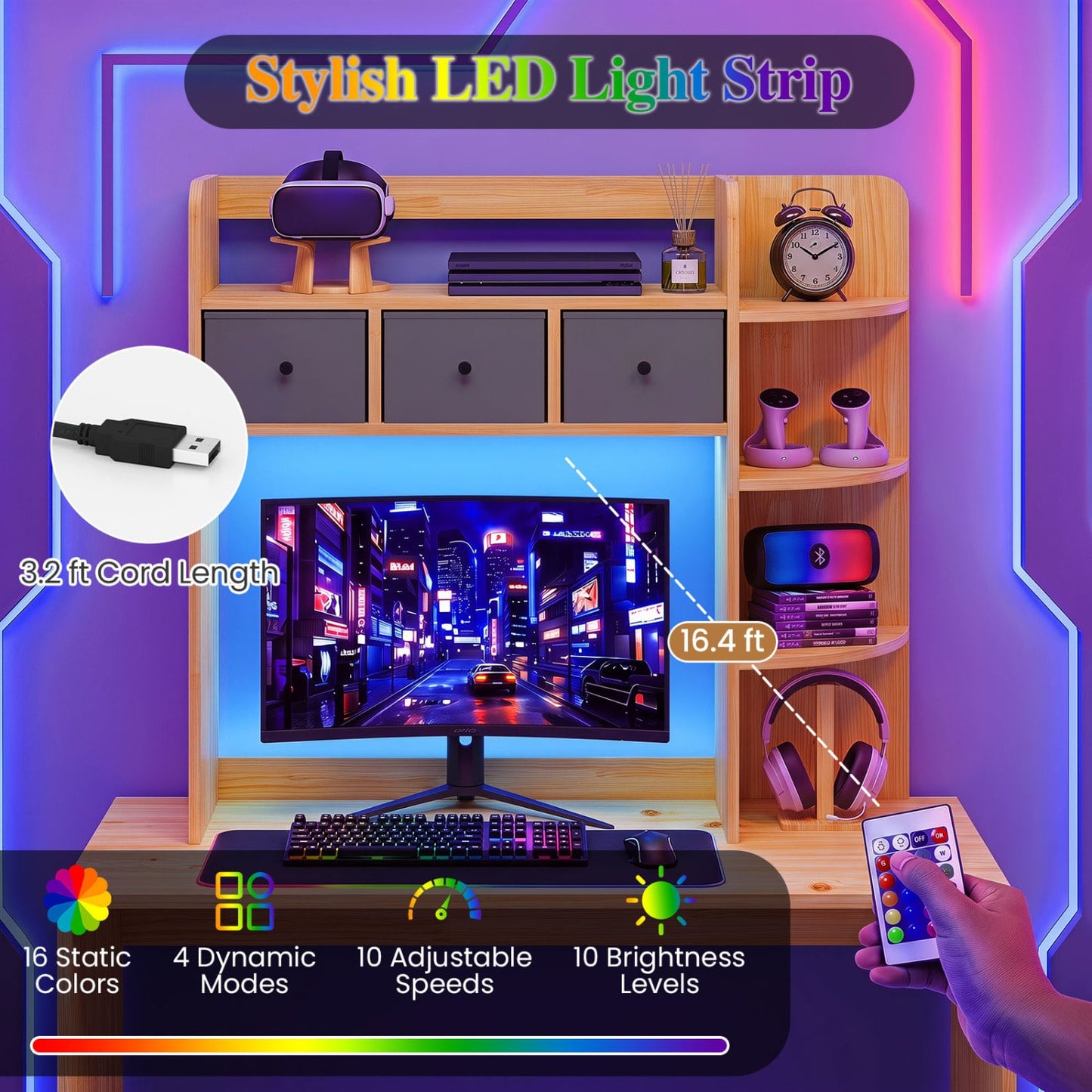 Bibliothèque de bureau à 5 étagères avec lumières LED 3 tiroirs, marron