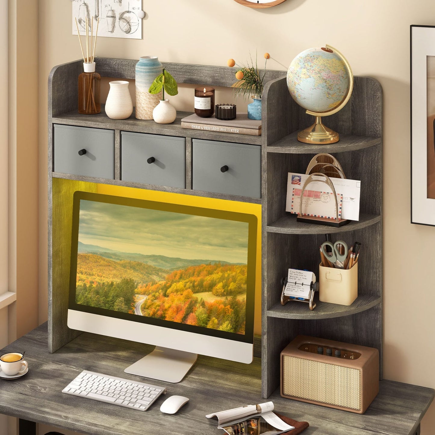 Bibliothèque de bureau avec lumières LED, 5 niveaux, 3 tiroirs, chêne gris