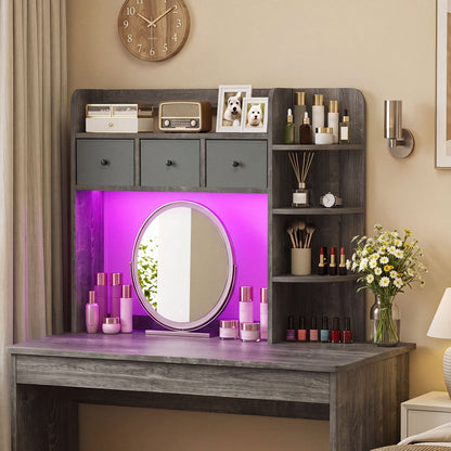 Bibliothèque de bureau avec lumières LED, 5 niveaux, 3 tiroirs, chêne gris