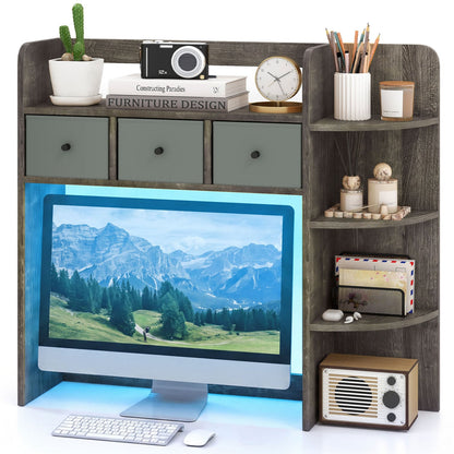 Bibliothèque de bureau avec lumières LED, 5 niveaux, 3 tiroirs, chêne gris
