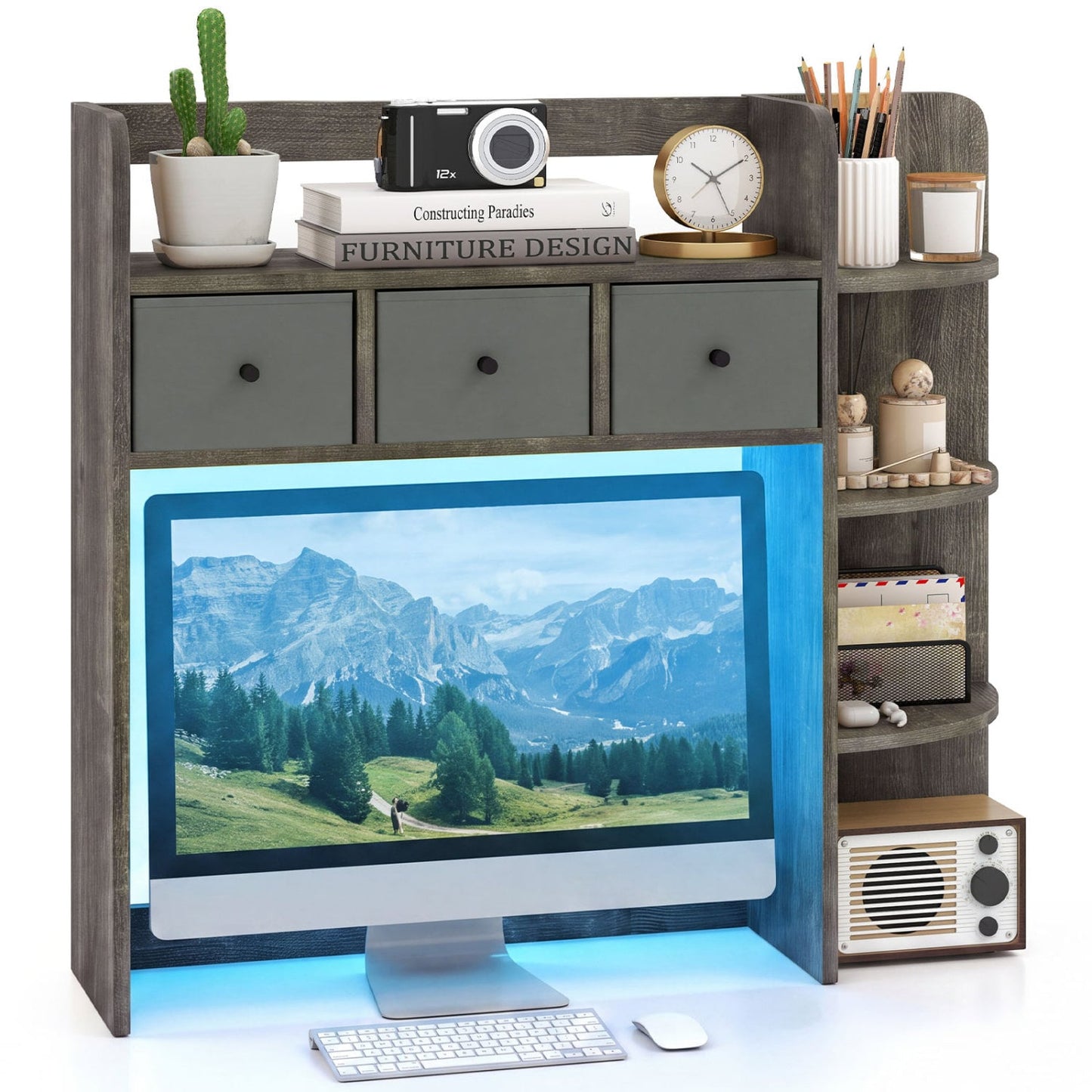 Bibliothèque de bureau avec lumières LED, 5 niveaux, 3 tiroirs, chêne gris