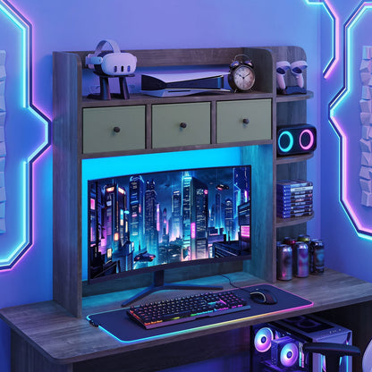Bibliothèque de bureau avec lumières LED, 5 niveaux, 3 tiroirs, chêne gris