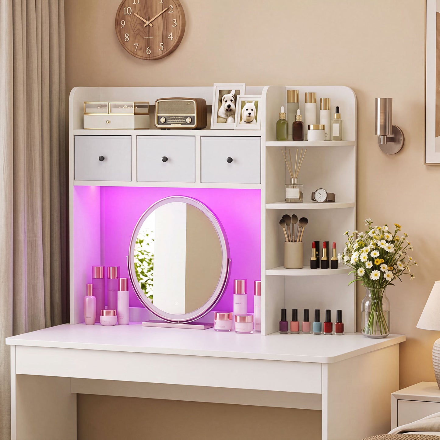 Desktop Bookshelf with LED Lights, 5-Tier, 3 Drawers, White