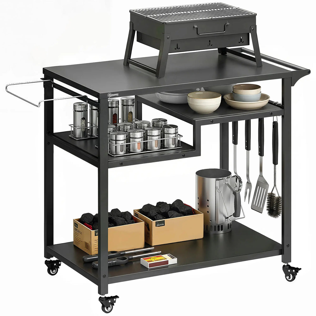 Outdoor Grill Cart, Three-Shelf Pizza Oven Stand With Hooks, Wheels, Black