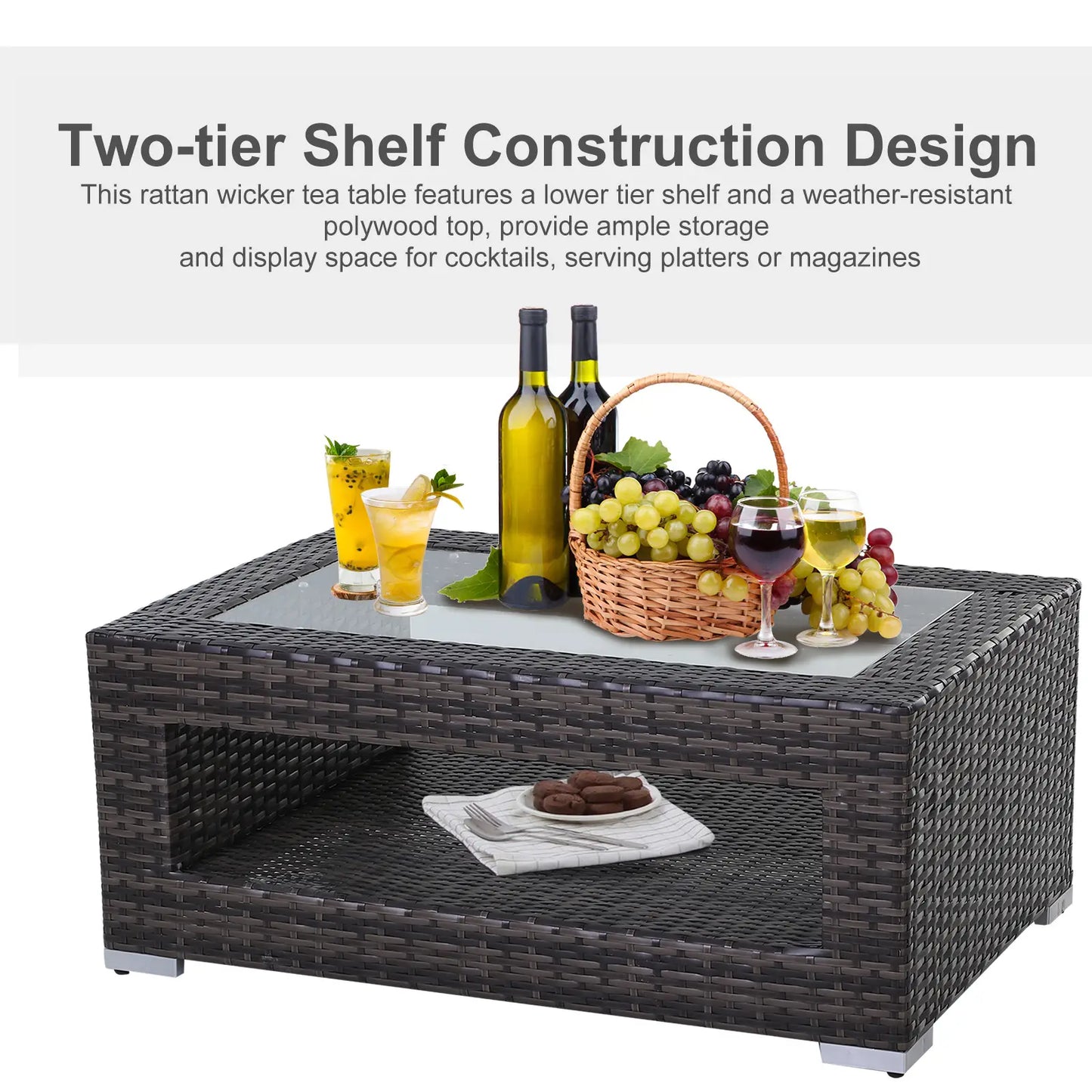 2-Tier Rattan Patio Coffee Table, PE Wicker, Tempered Glass Top, Storage Coffee Tables at Gallery Canada