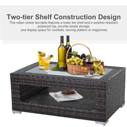 2-Tier Rattan Patio Coffee Table, PE Wicker, Tempered Glass Top, Storage Coffee Tables at Gallery Canada