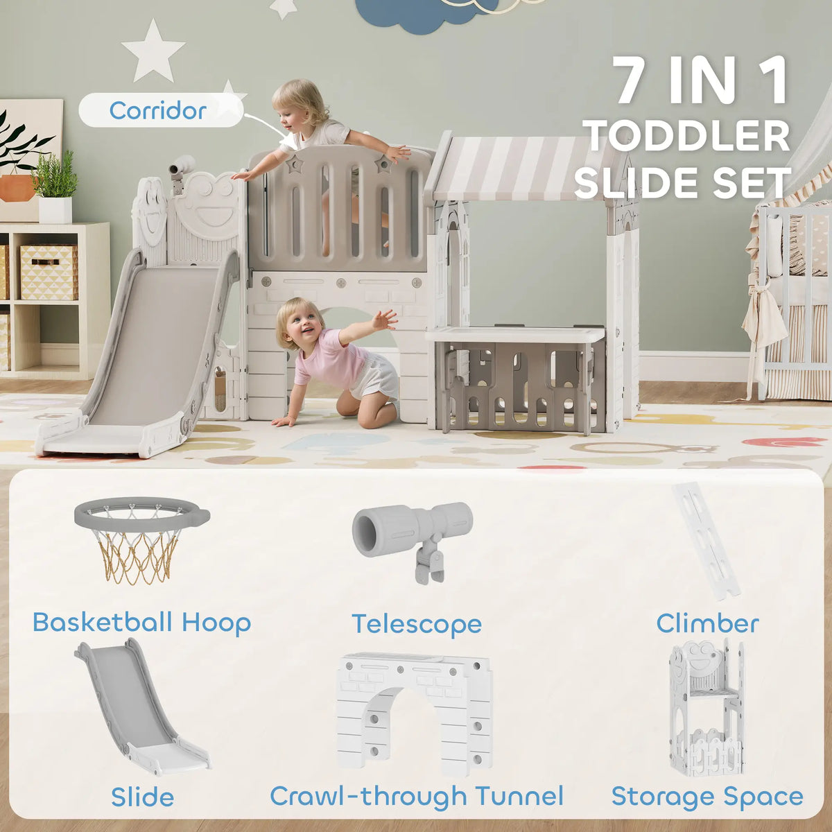7-in-1 Toddler Slide Climber Playset with Playhouse, Basketball Hoop, Grey Gym Sets & Swings at Gallery Canada