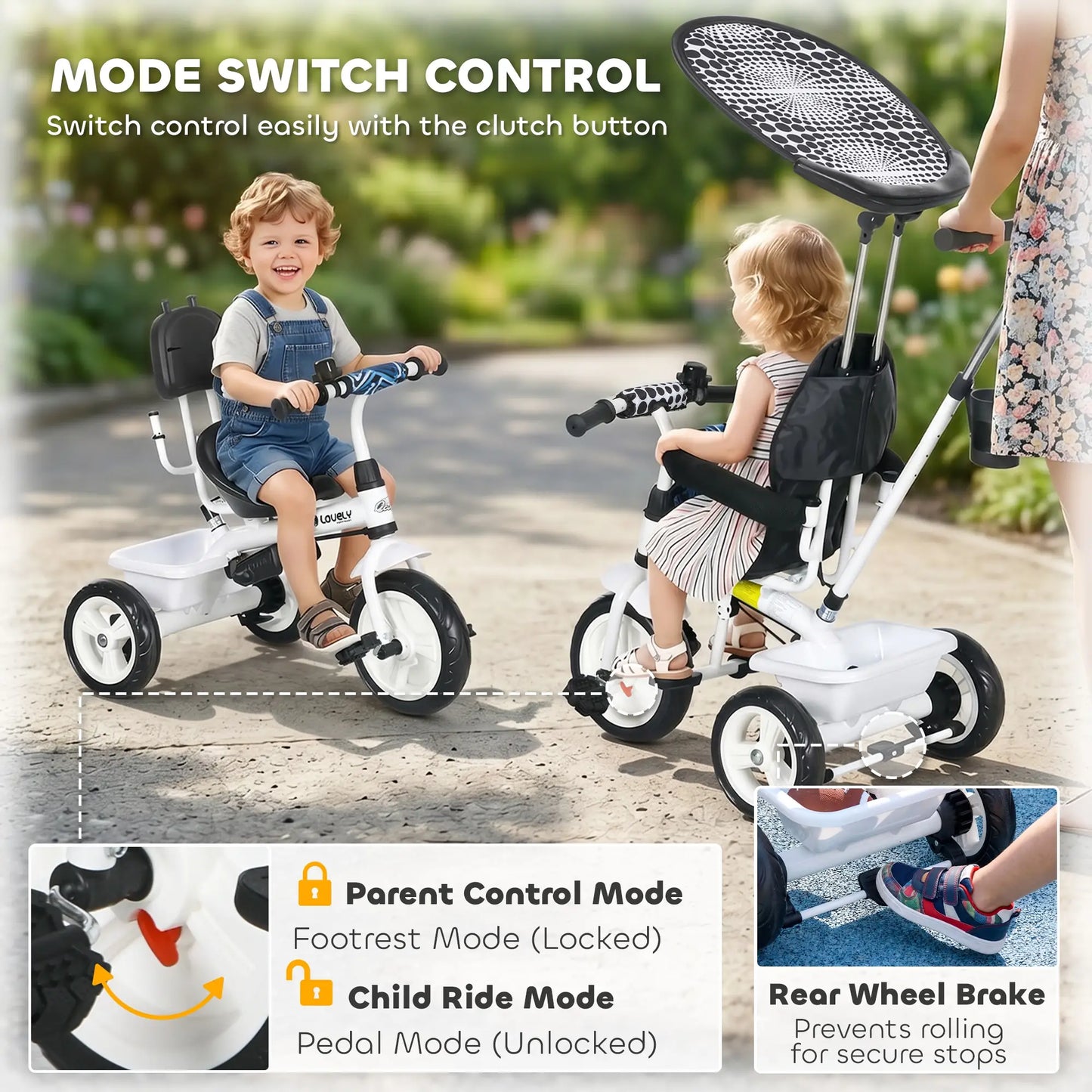 6 in 1 Kids Tricycle, Removable Handlebar, Canopy, White Tricycles for Kids at Gallery Canada