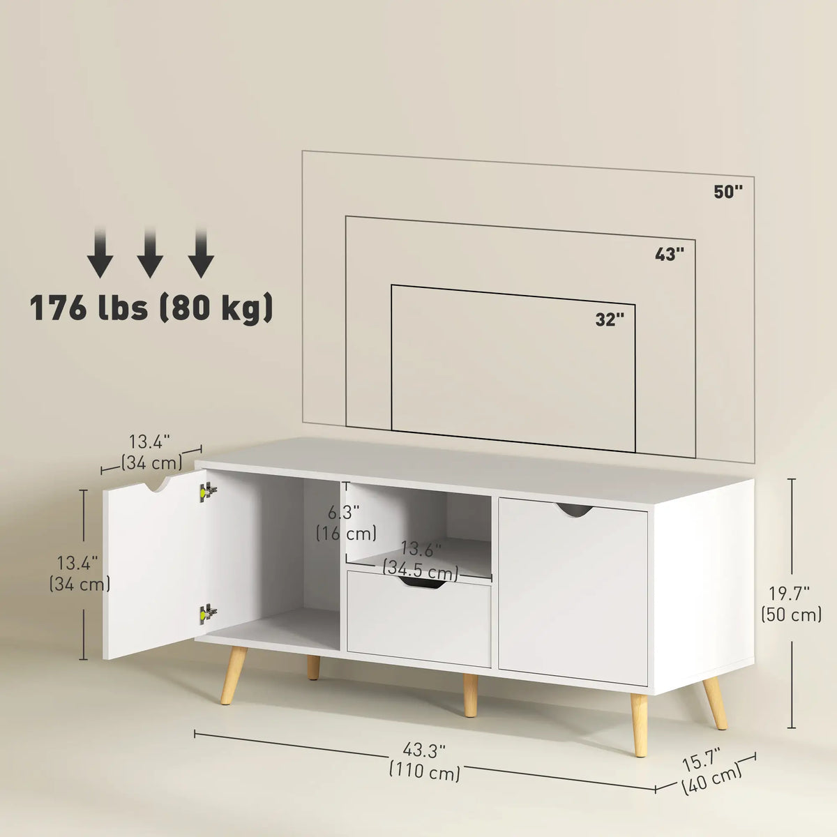 TV Stand for 50" TV, Storage with Shelf, Drawer, 2 Cabinets, White TV Stands at Gallery Canada