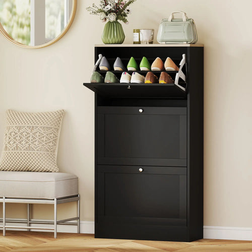 Modern Shoe Storage, 3 Flip Drawers, Adjustable Shelves, 18 Pairs, Black
