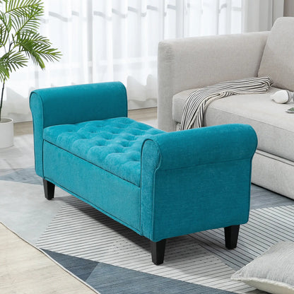 50 Inches Upholstered Storage Ottoman, Rolled Arms, Button Tufted, Teal Storage Ottomans & Benches at Gallery Canada