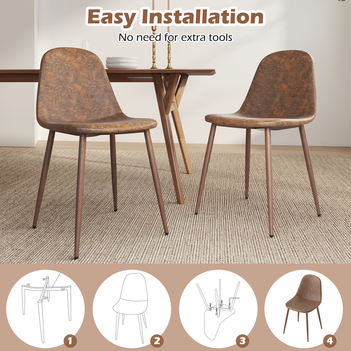 Faux PU Leather Dining Chair Set, 4 Kitchen Chairs, Metal Legs, Brown Dining Chairs at Gallery Canada