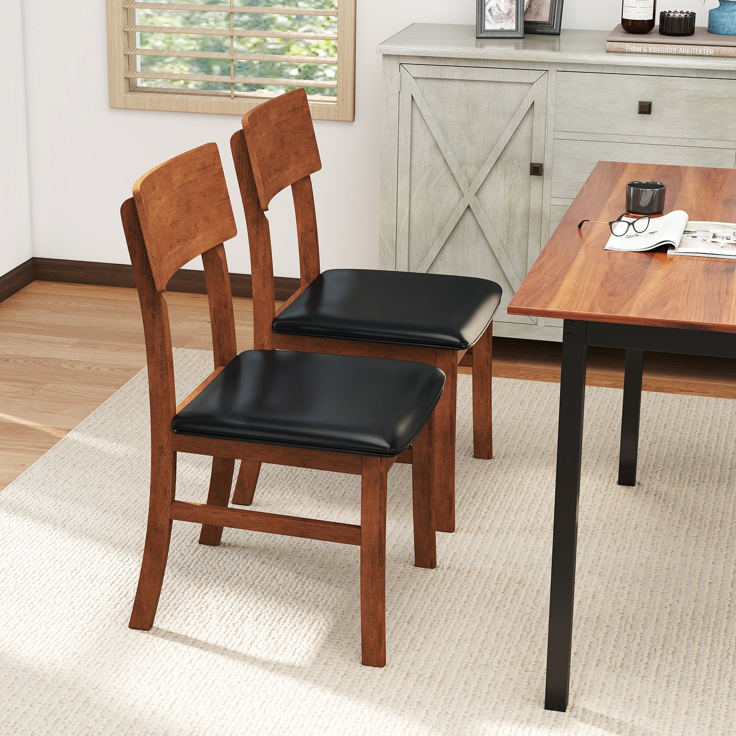 Dining Chairs Set Of 2, Rubber Wood Legs, Faux Leather Seat, Black Dining Chairs at Gallery Canada