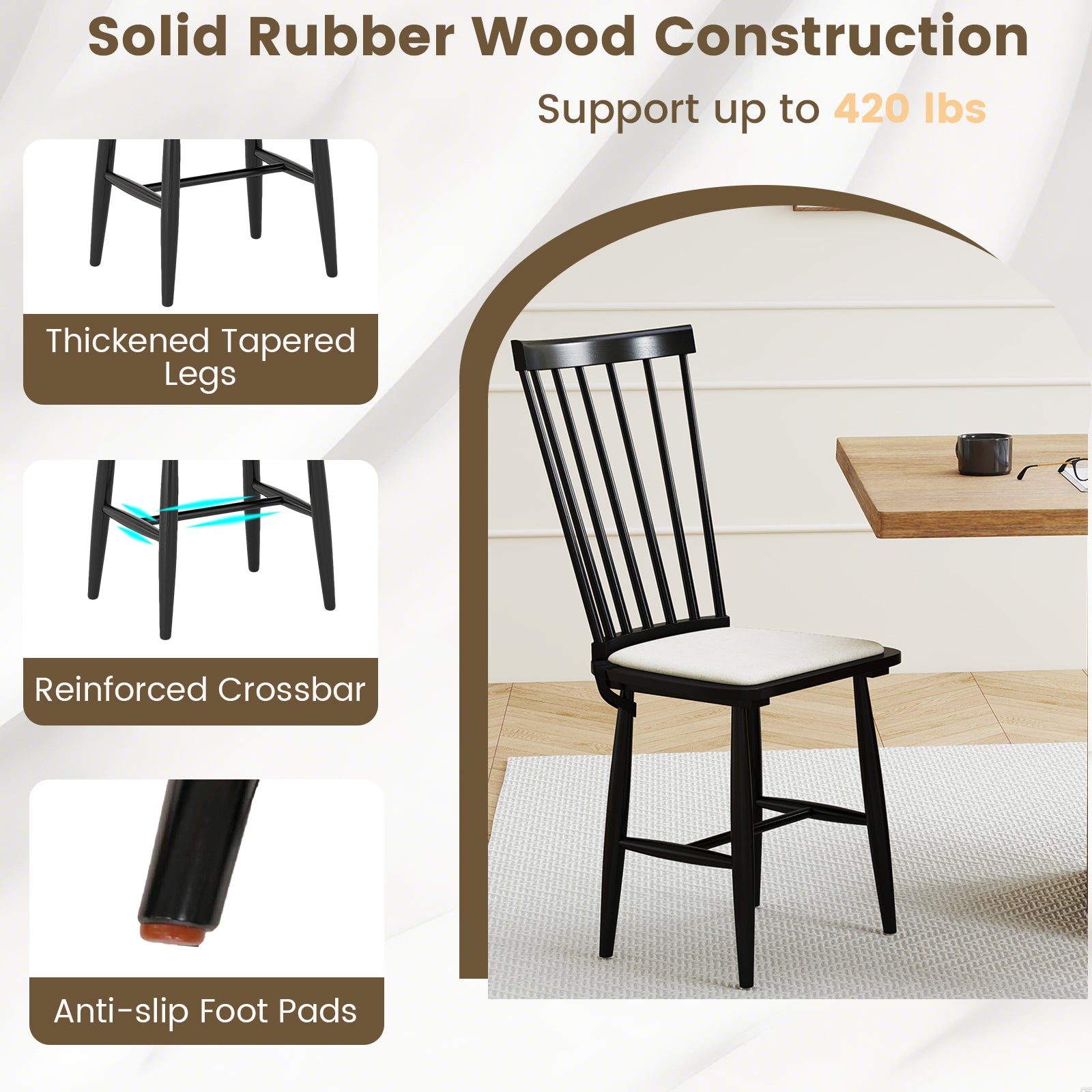 Farmhouse Solid Rubber Wood Windsor Chairs, Set of 2, Black Dining Chairs at Gallery Canada
