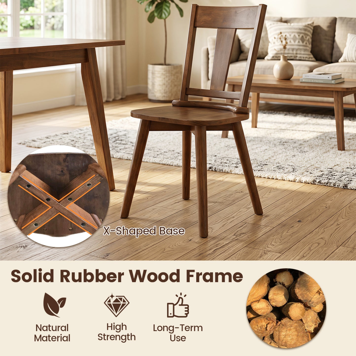 Dining Chairs Set of 2, Solid Wood Backrest, Walnut