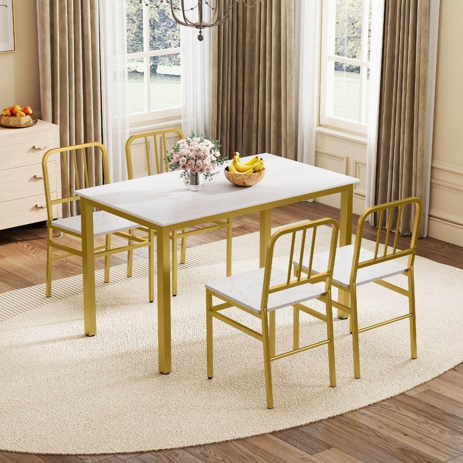Set of 4 Dining Chairs, Slatted Backrest, Metal Frame, Wooden Seat, White Dining Chairs at Gallery Canada