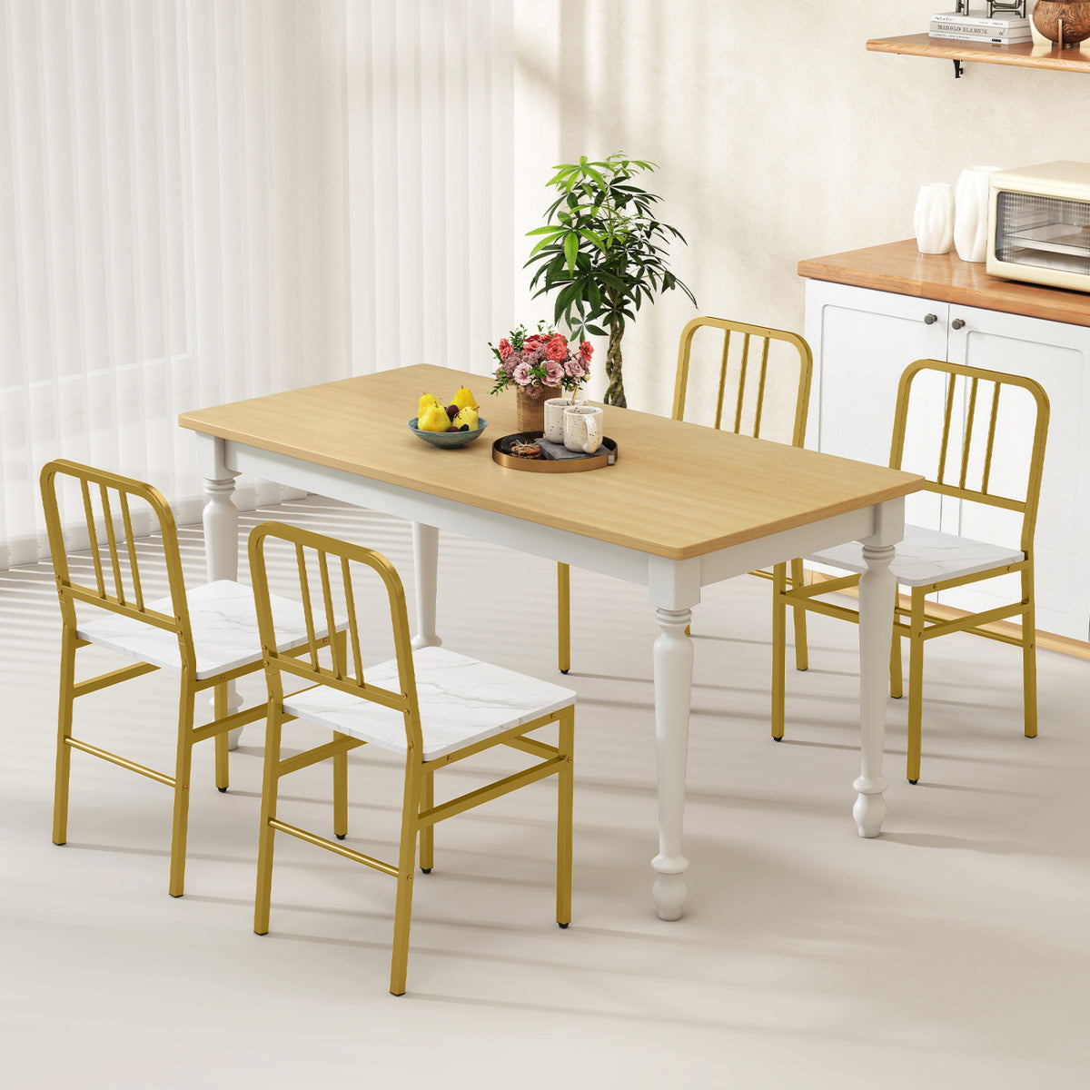 Set of 4 Dining Chairs, Slatted Backrest, Metal Frame, Wooden Seat, White Dining Chairs at Gallery Canada