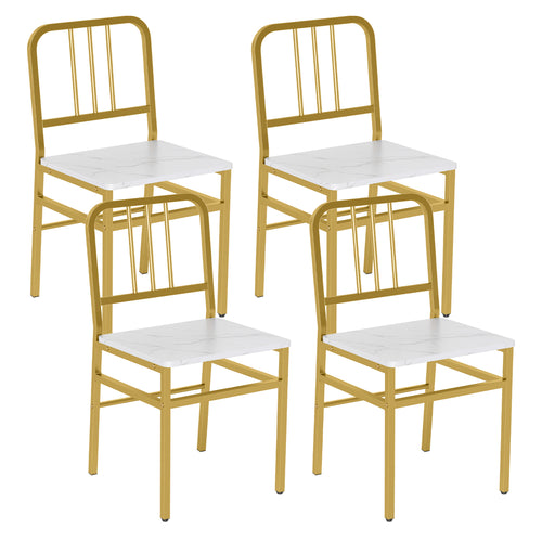 Set of 4 Dining Chairs, Slatted Backrest, Metal Frame, Wooden Seat, White