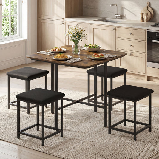 Dining Table Set with 4 Upholstered Stools and Metal Frame, Rustic Brown Dining Room Sets Rustic Brown at Gallery Canada