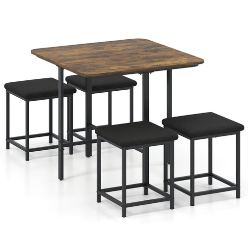 Dining Table Set with 4 Upholstered Stools and Metal Frame, Rustic Brown