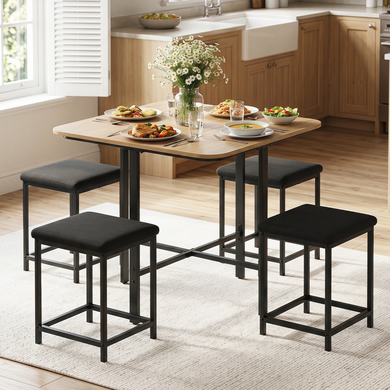 Dining Table Set with 4 Upholstered Stools and Metal Frame, Natural & Black Dining Room Sets at Gallery Canada