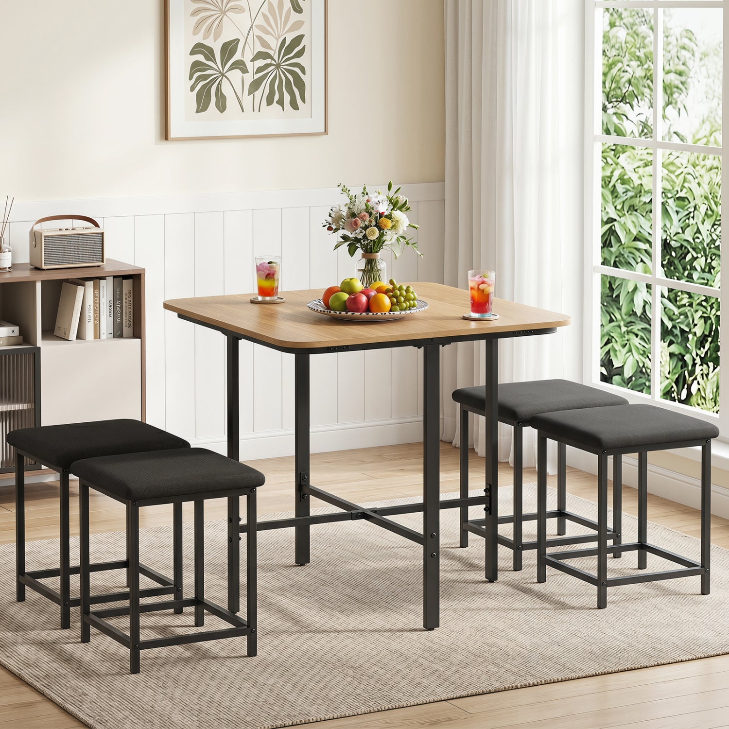 Dining Table Set with 4 Upholstered Stools and Metal Frame, Natural & Black Dining Room Sets at Gallery Canada