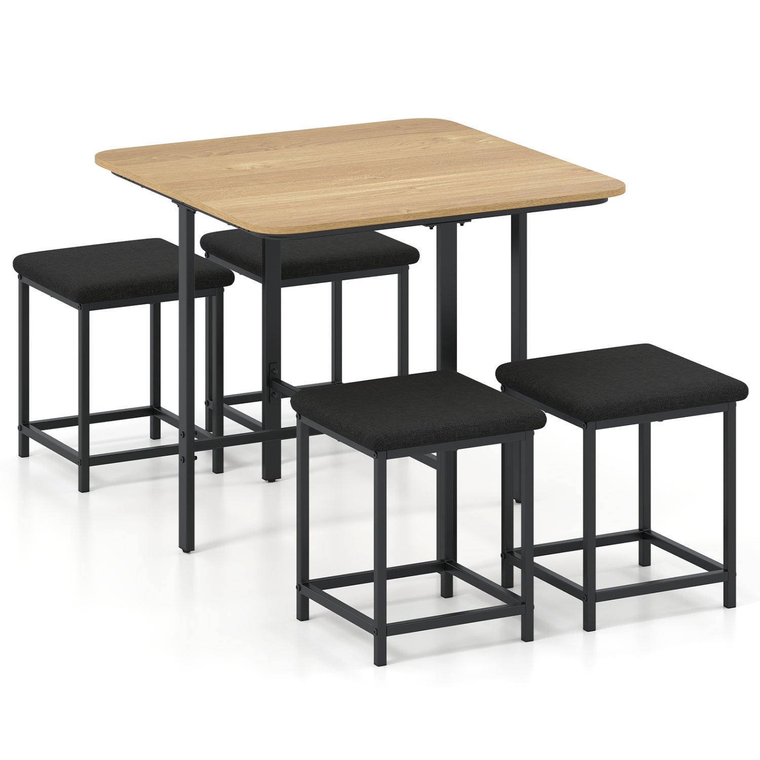 Dining Table Set with 4 Upholstered Stools and Metal Frame, Natural & Black Dining Room Sets Natural & Black at Gallery Canada