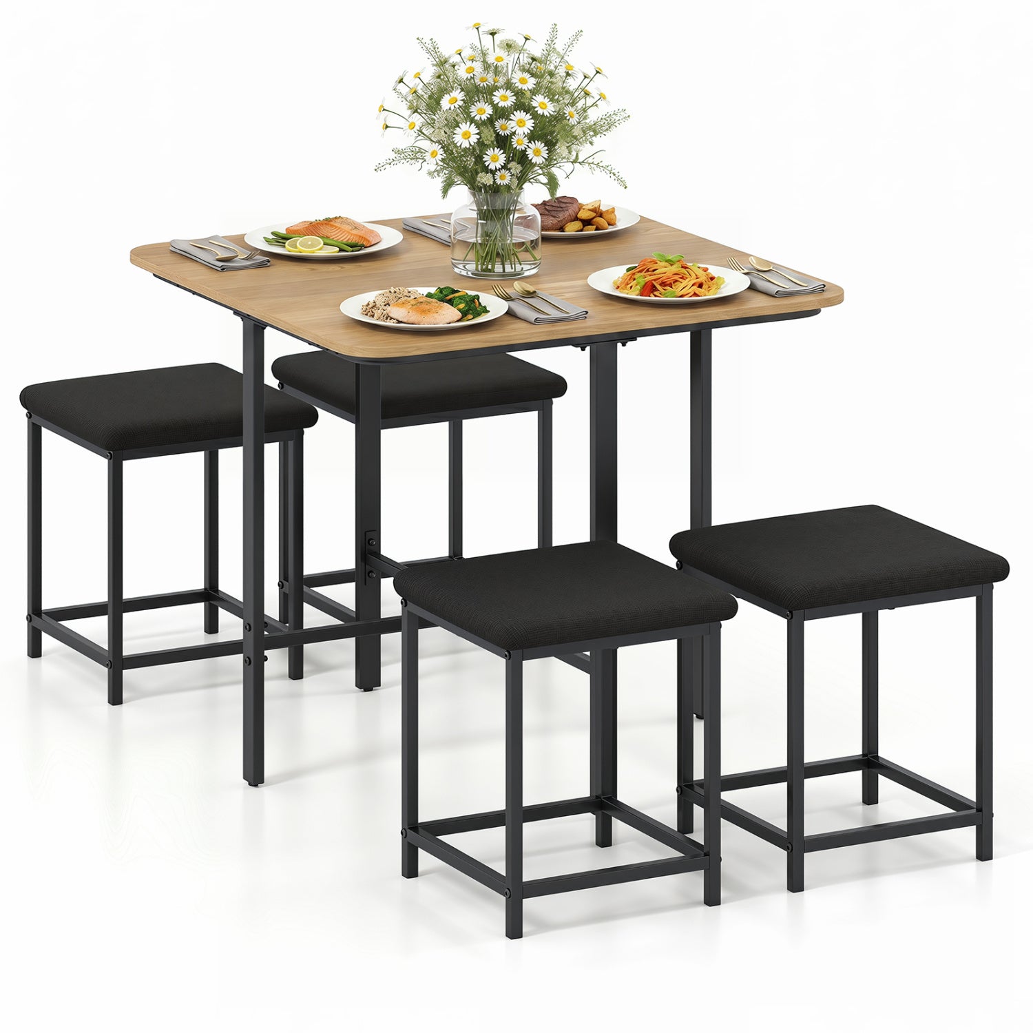Dining Table Set with 4 Upholstered Stools and Metal Frame, Natural & Black Dining Room Sets at Gallery Canada