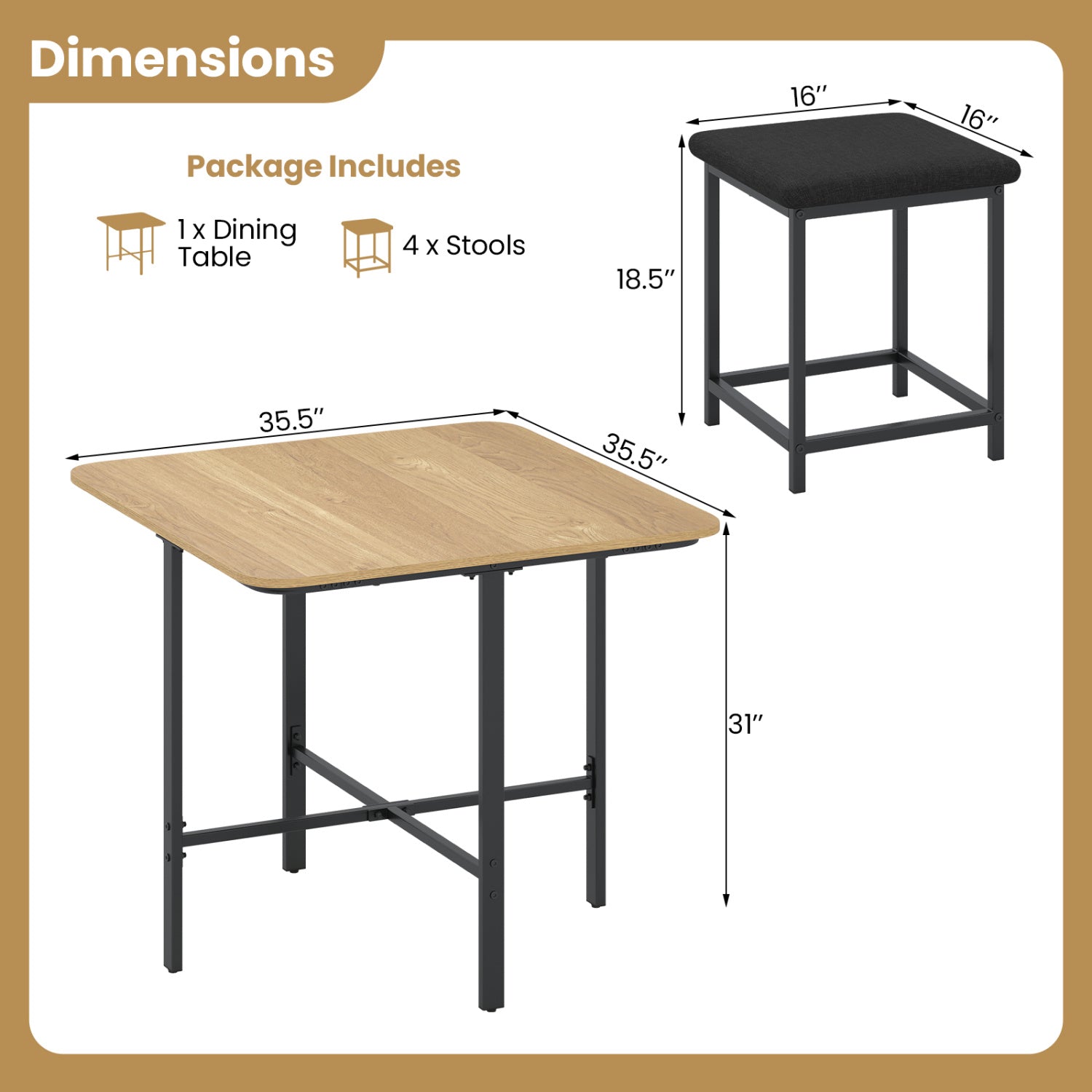 Dining Table Set with 4 Upholstered Stools and Metal Frame, Natural & Black Dining Room Sets at Gallery Canada