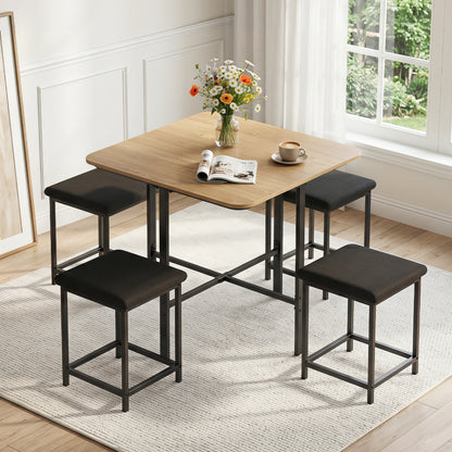 Dining Table Set with 4 Upholstered Stools and Metal Frame, Natural & Black Dining Room Sets at Gallery Canada