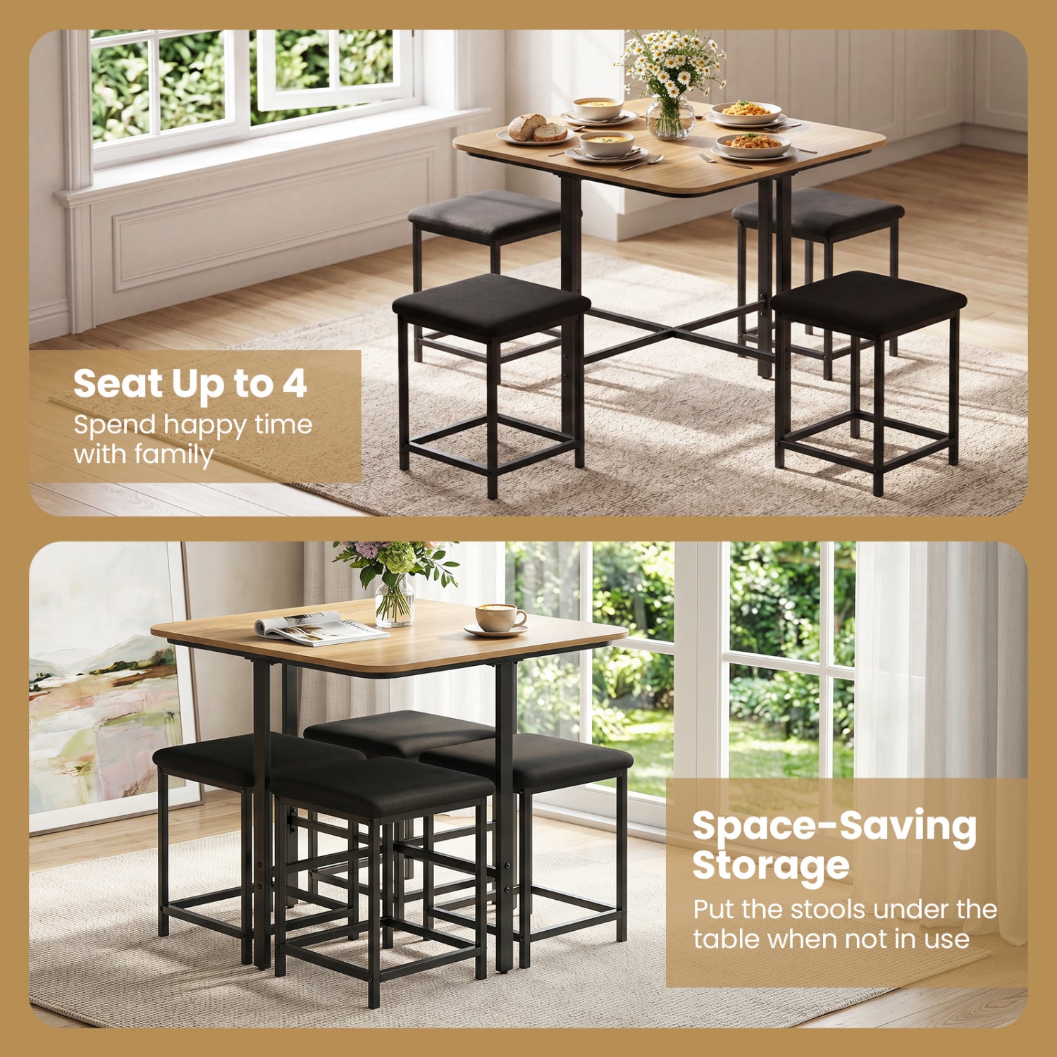 Dining Table Set with 4 Upholstered Stools and Metal Frame, Natural & Black Dining Room Sets at Gallery Canada