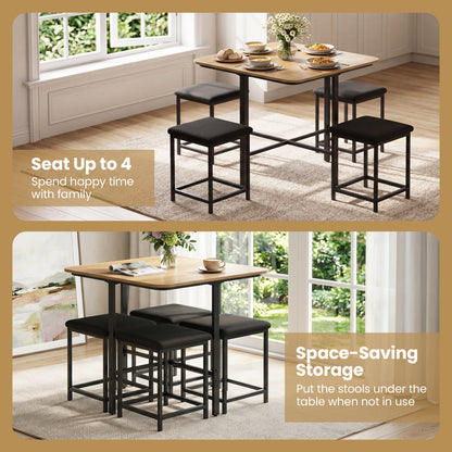 Dining Table Set with 4 Upholstered Stools and Metal Frame, Natural & Black Dining Room Sets at Gallery Canada