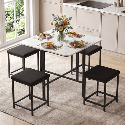Dining Table Set with 4 Upholstered Stools and Metal Frame, White Dining Room Sets at Gallery Canada