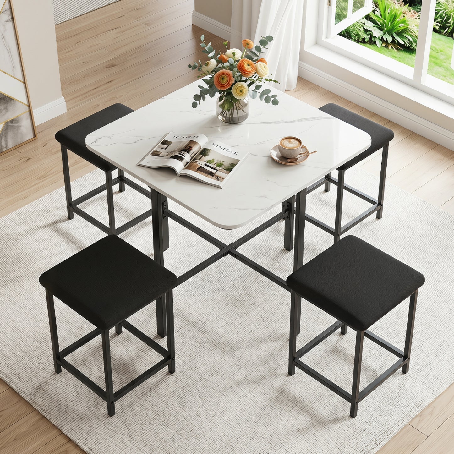 Dining Table Set with 4 Upholstered Stools and Metal Frame, White Dining Room Sets at Gallery Canada
