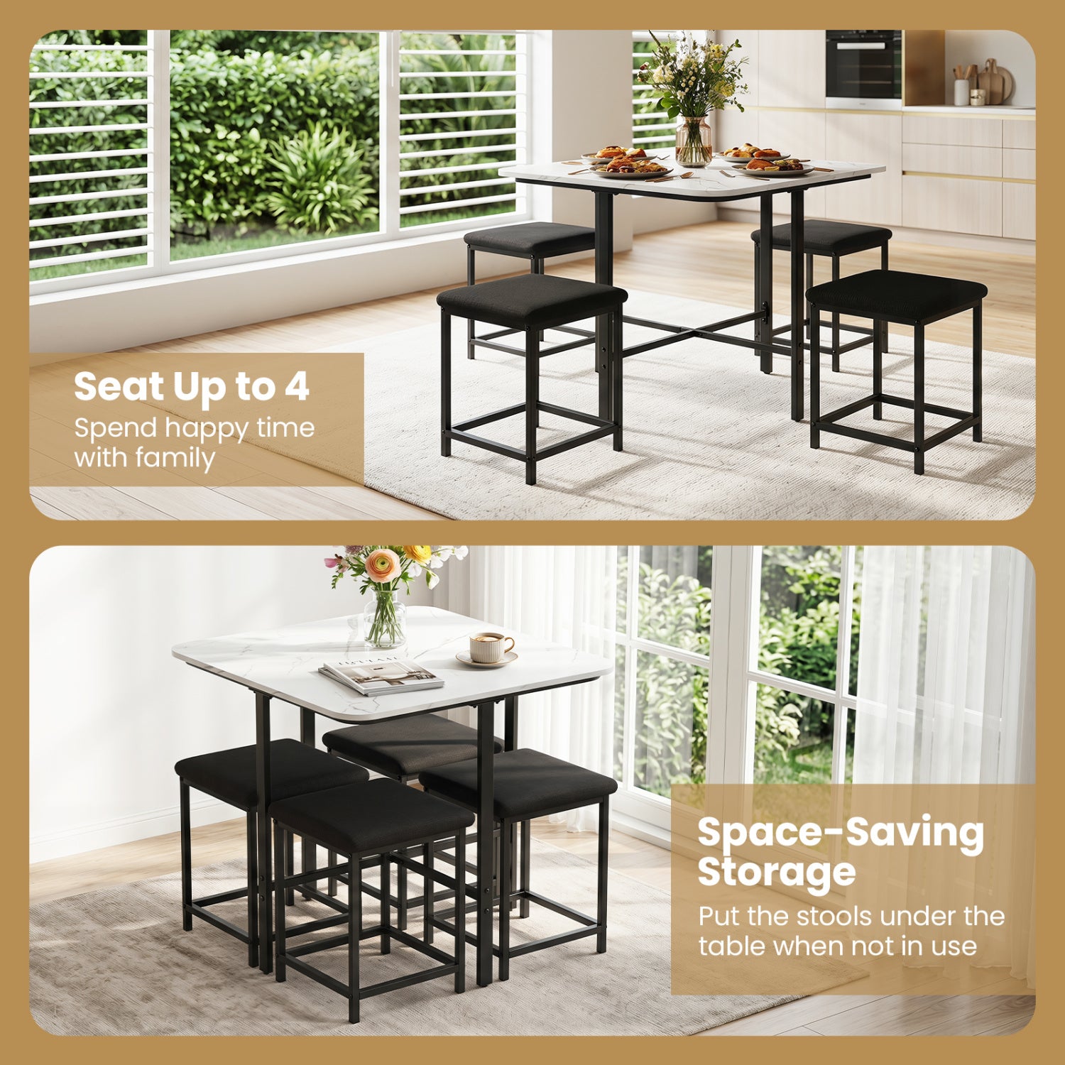 Dining Table Set with 4 Upholstered Stools and Metal Frame, White Dining Room Sets at Gallery Canada