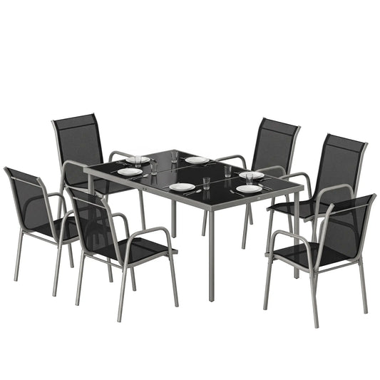7 Piece Garden Dining Set With Rectangular Table & 6 Stackable Chairs Outdoor Dining Sets Silver, Black at Gallery Canada