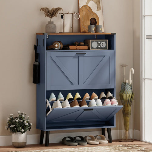 Shoe Storage Cabinet, 2 Flip Drawers, Farmhouse Narrow, Holds 16 Pairs, Blue