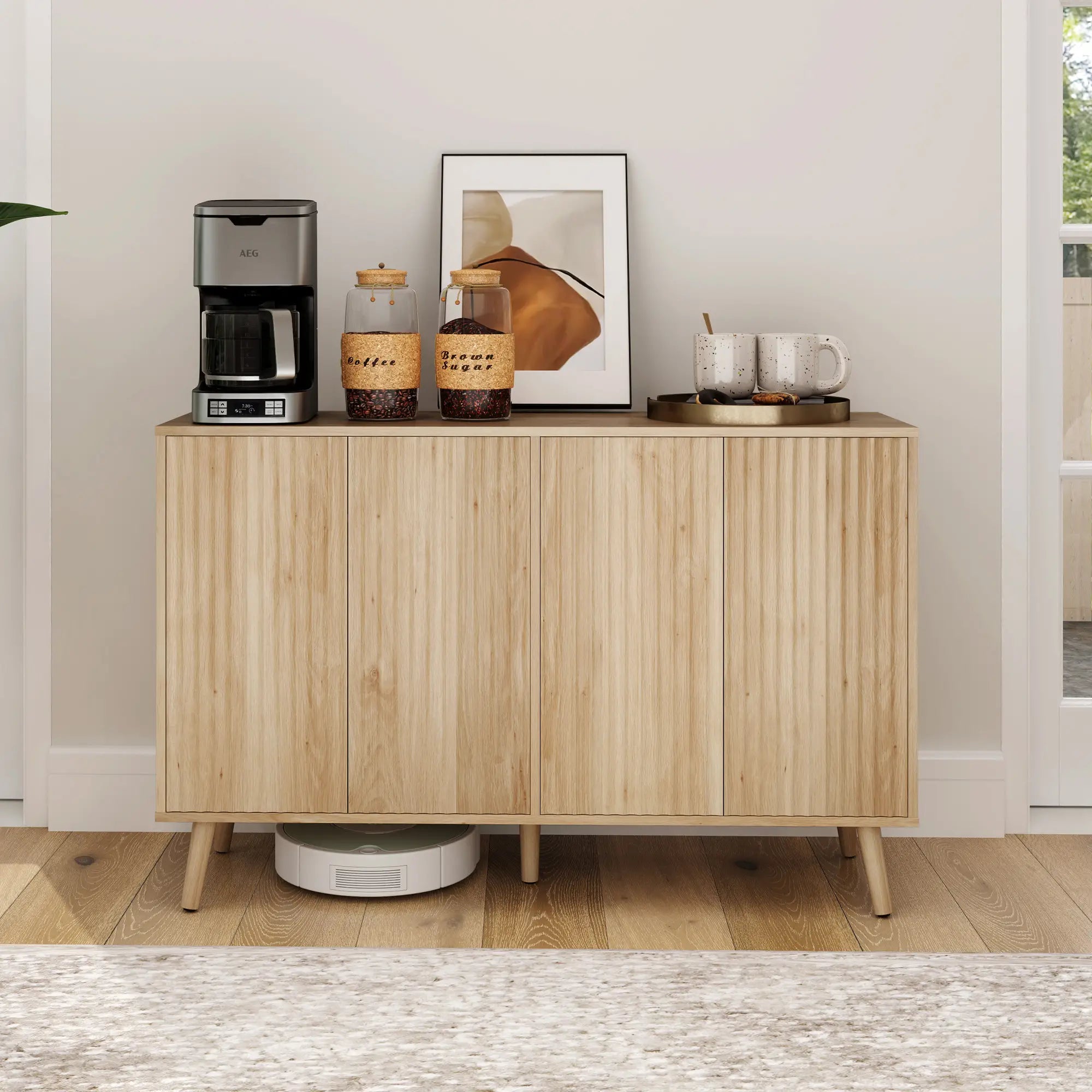 Modern Fluted Buffet Cabinet, Adjustable Shelves, Wood Legs, Oak Storage Cabinets at Gallery Canada