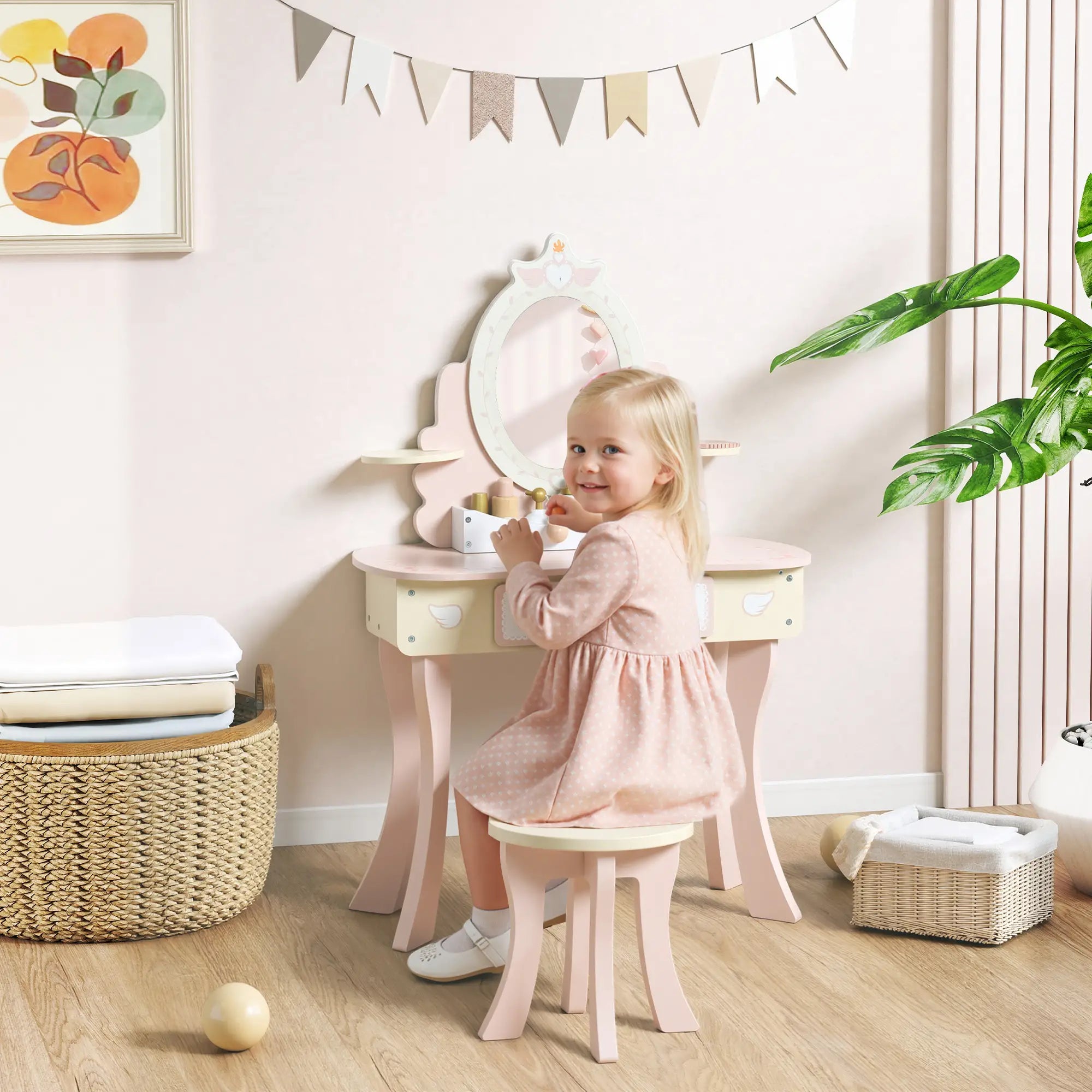 Kids Vanity Set with Mirror, Stool, 7 Accessories, Pink Toy Vanity at Gallery Canada