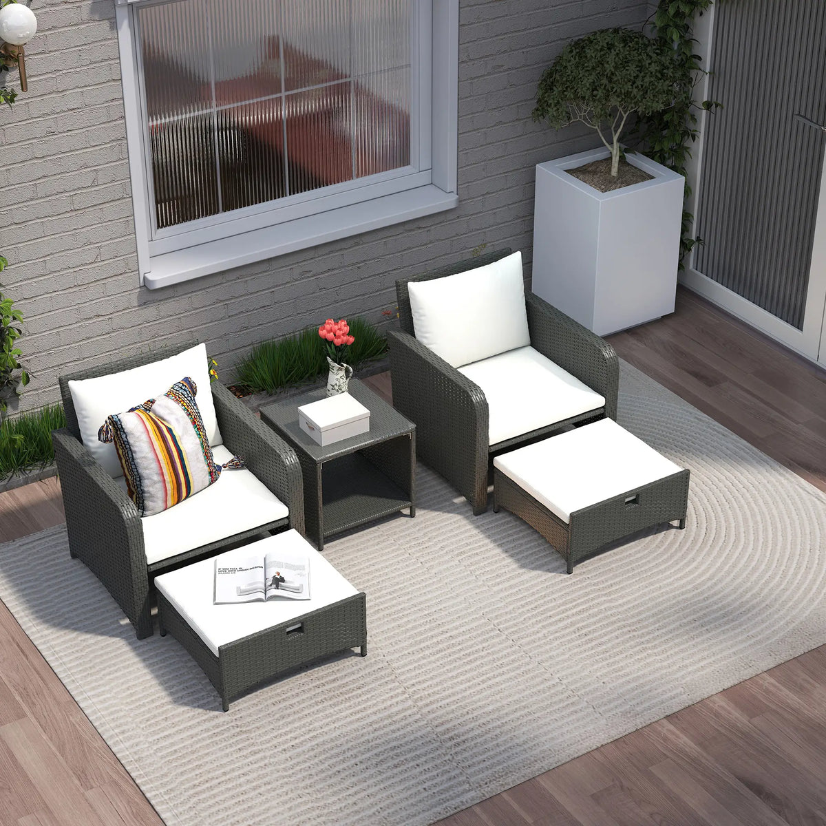 5 Piece Rattan Balcony Set, Wicker Outdoor Furniture, 2-Tier Coffee Table, Ottomans, Cream White, Grey Patio Furniture Sets at Gallery Canada