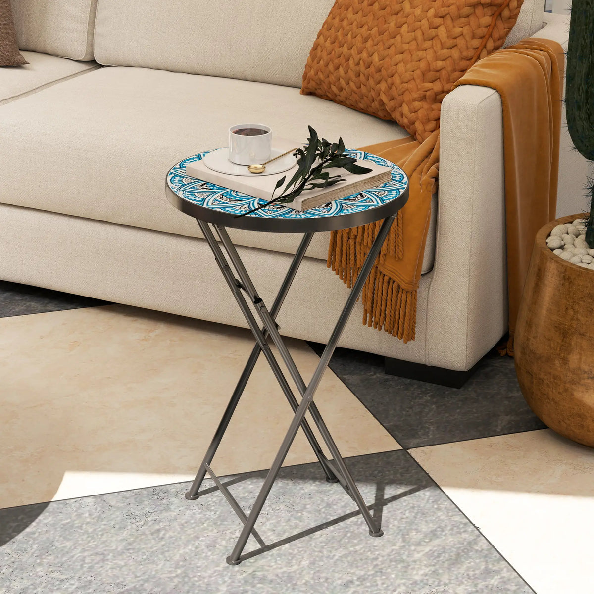 Mosaic Outdoor Patio Side Table, 14" Round, Steel Frame, Blue Patio Side Tables at Gallery Canada